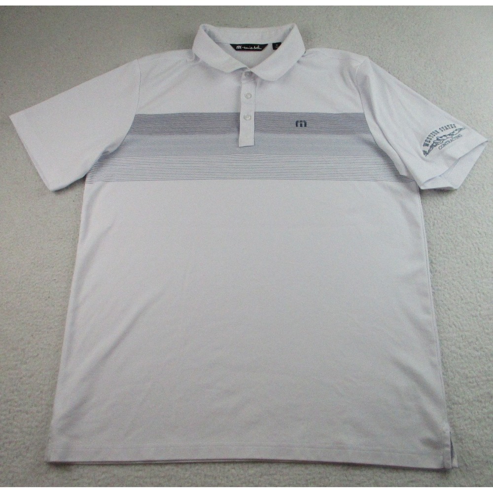 Travis Mathew Polo Shirt Mens XL White Gray Striped Golf Western States Logo‎